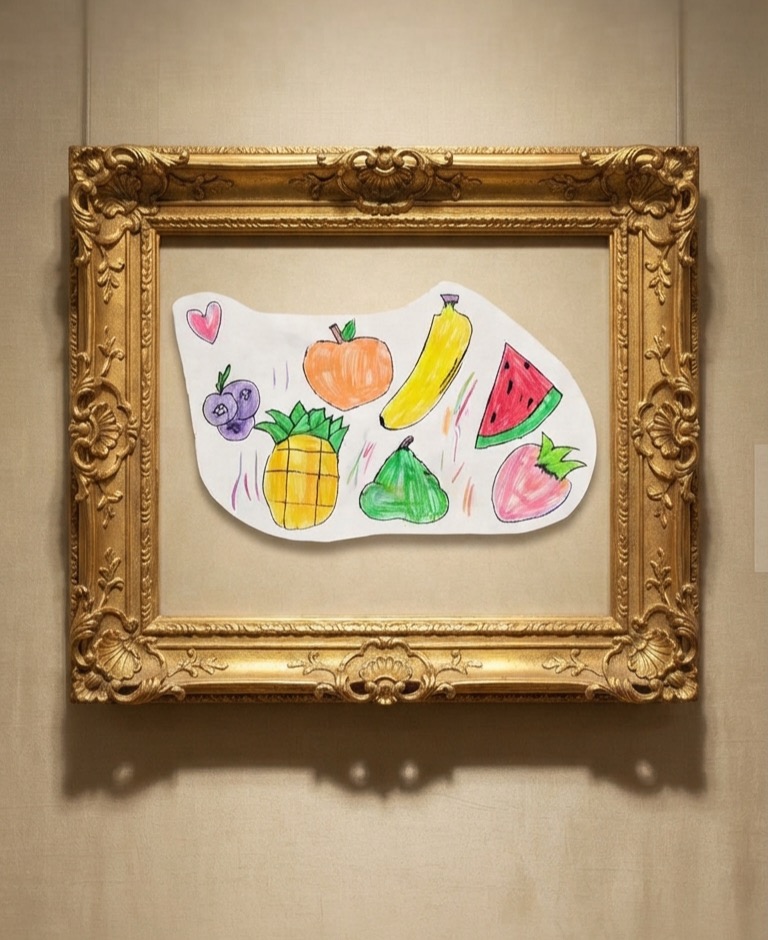 Kid's fruit drawing hanging in a gold museum frame